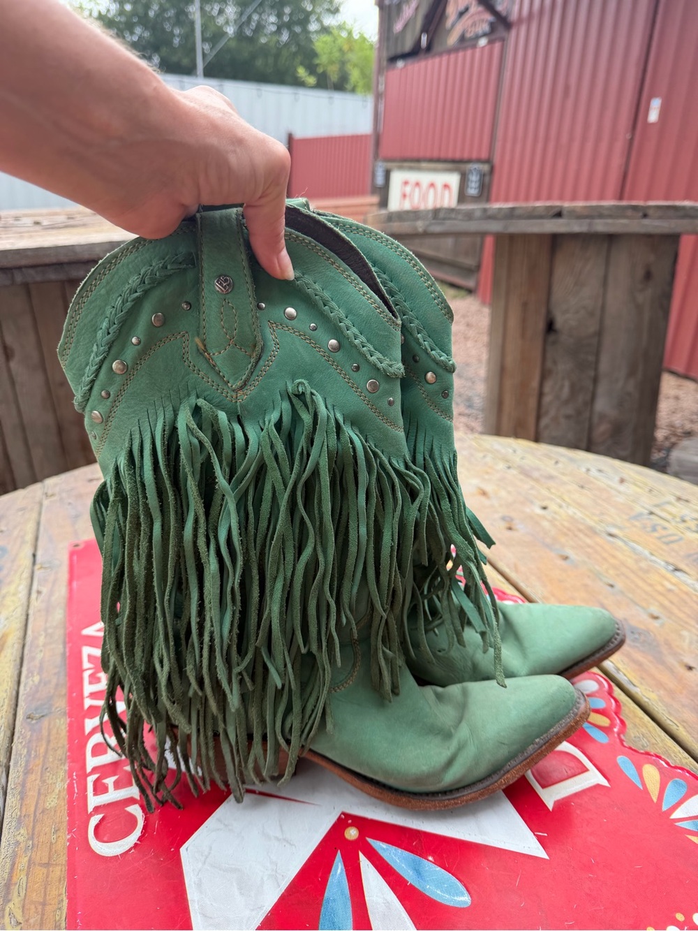 LIBERTY Black Green Suede Fringe Western Ankle Boots